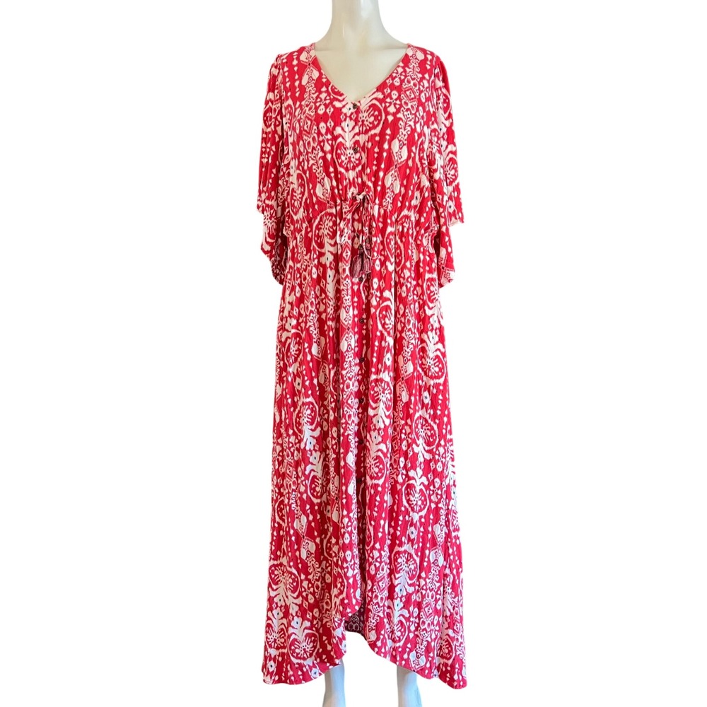 Knox Rose Red White Ikat Medallion Maxi Dress V-Neck Drawstring Pockets Medium